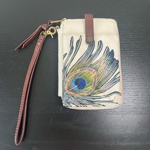 Elliot Lucca Cream Leather Hand-drawn Peacock Wristlet